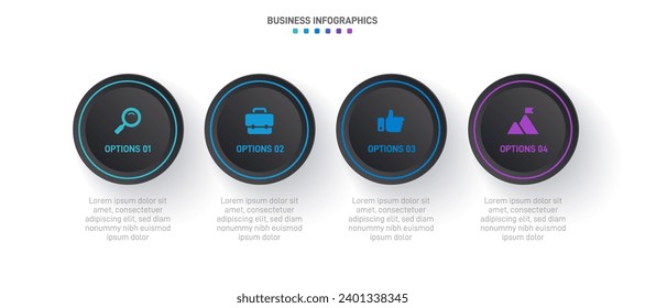 Timeline infographic with infochart. Modern presentation template with 4 spets for business process. Website template on white background for concept modern design. Horizontal layout.