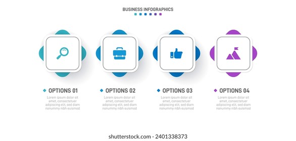 Timeline infographic with infochart. Modern presentation template with 4 spets for business process. Website template on white background for concept modern design. Horizontal layout.