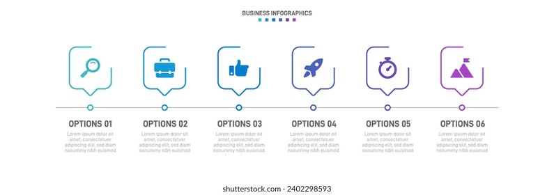 Timeline infographic with infochart. Modern presentation template with 6 spets for business process. Website template on white background for concept modern design. Horizontal layout.