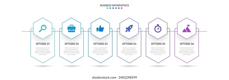 Timeline infographic with infochart. Modern presentation template with 6 spets for business process. Website template on white background for concept modern design. Horizontal layout.