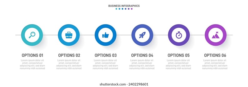 Timeline infographic with infochart. Modern presentation template with 6 spets for business process. Website template on white background for concept modern design. Horizontal layout.