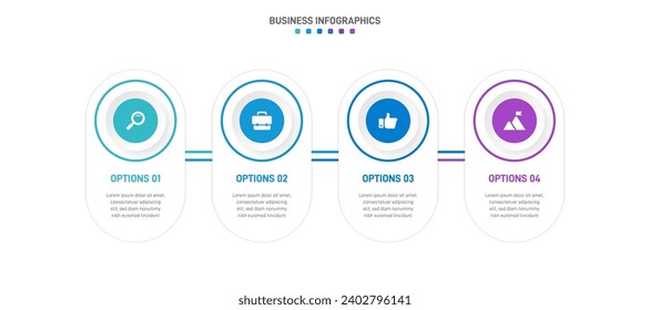 Timeline infographic with infochart. Modern presentation template with 4 spets for business process. Website template on white background for concept modern design. Horizontal layout.