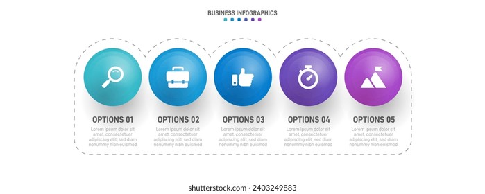 Timeline infographic with infochart. Modern presentation template with 5 spets for business process. Website template on white background for concept modern design. Horizontal layout.