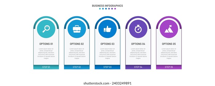 Timeline infographic with infochart. Modern presentation template with 5 spets for business process. Website template on white background for concept modern design. Horizontal layout.