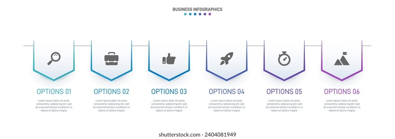 Timeline infographic with infochart. Modern presentation template with 6 spets for business process. Website template on white background for concept modern design. Horizontal layout.