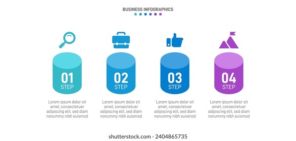 Timeline infographic with infochart. Modern presentation template with 4 spets for business process. Website template on white background for concept modern design. Horizontal layout.