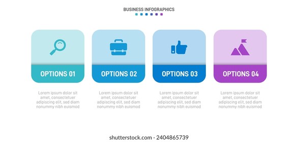 Timeline infographic with infochart. Modern presentation template with 4 spets for business process. Website template on white background for concept modern design. Horizontal layout.