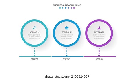 Timeline infographic with infochart. Modern presentation template with 3 spets for business process. Website template on white background for concept modern design. Horizontal layout.