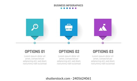 Timeline infographic with infochart. Modern presentation template with 3 spets for business process. Website template on white background for concept modern design. Horizontal layout.