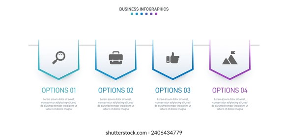 Timeline infographic with infochart. Modern presentation template with 4 spets for business process. Website template on white background for concept modern design. Horizontal layout.