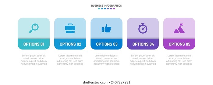 Timeline infographic with infochart. Modern presentation template with 5 spets for business process. Website template on white background for concept modern design. Horizontal layout.