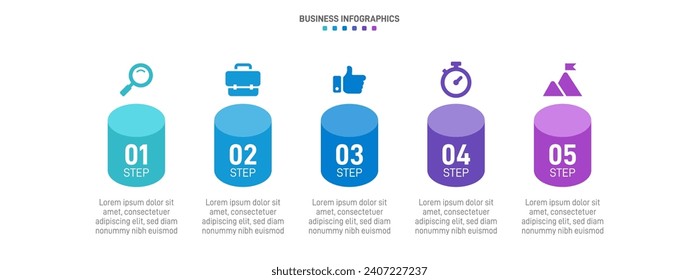 Timeline infographic with infochart. Modern presentation template with 5 spets for business process. Website template on white background for concept modern design. Horizontal layout.
