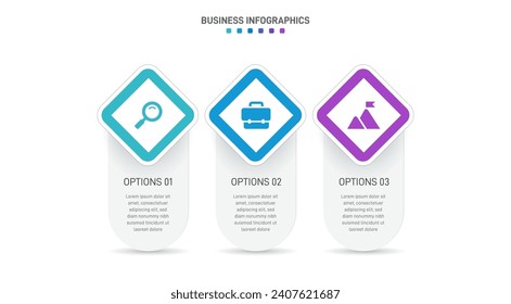 Timeline infographic with infochart. Modern presentation template with 3 spets for business process. Website template on white background for concept modern design. Horizontal layout.