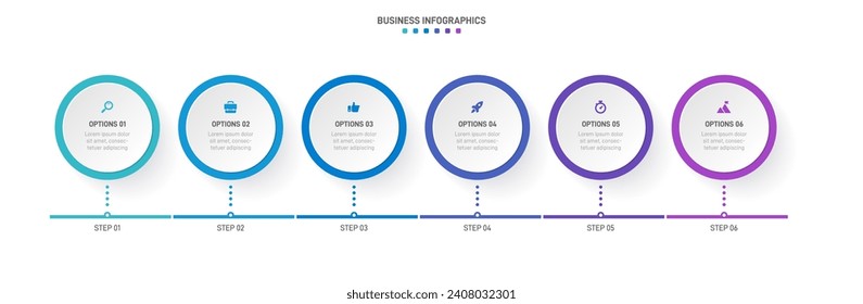 Timeline infographic with infochart. Modern presentation template with 6 spets for business process. Website template on white background for concept modern design. Horizontal layout.