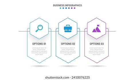 Timeline infographic with infochart. Modern presentation template with 3 spets for business process. Website template on white background for concept modern design. Horizontal layout.