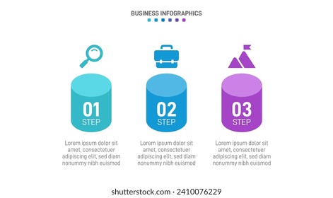 Timeline infographic with infochart. Modern presentation template with 3 spets for business process. Website template on white background for concept modern design. Horizontal layout.
