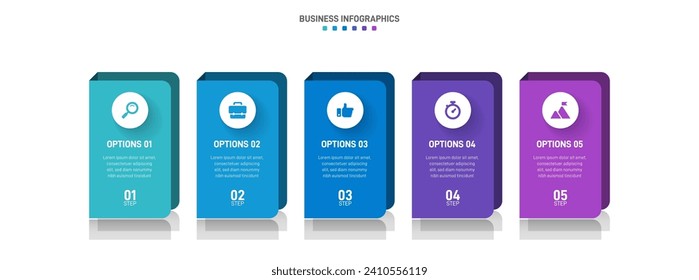 Timeline infographic with infochart. Modern presentation template with 5 spets for business process. Website template on white background for concept modern design. Horizontal layout.