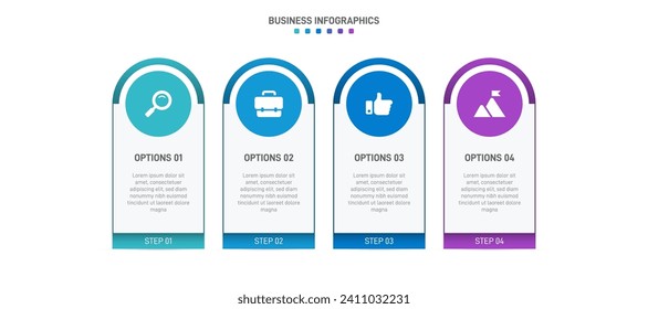 Timeline infographic with infochart. Modern presentation template with 4 spets for business process. Website template on white background for concept modern design. Horizontal layout.