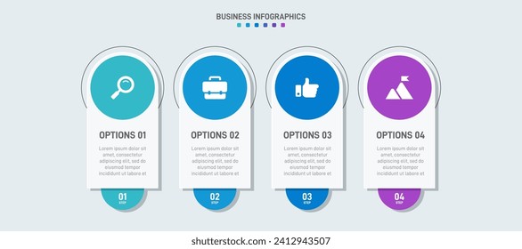 Timeline infographic with infochart. Modern presentation template with 4 spets for business process. Website template on white background for concept modern design. Horizontal layout.