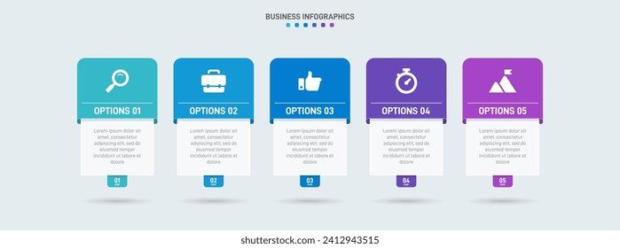 Timeline infographic with infochart. Modern presentation template with 5 spets for business process. Website template on white background for concept modern design. Horizontal layout.