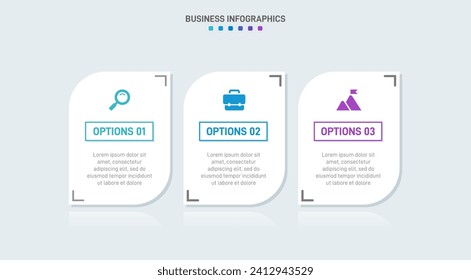 Timeline infographic with infochart. Modern presentation template with 3 spets for business process. Website template on white background for concept modern design. Horizontal layout.
