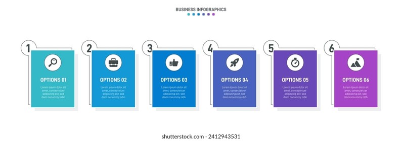 Timeline infographic with infochart. Modern presentation template with 6 spets for business process. Website template on white background for concept modern design. Horizontal layout.