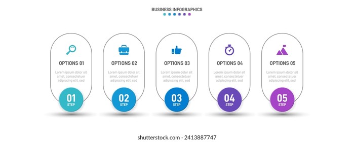 Infografía de la línea de tiempo con infografía. Moderna plantilla de presentación con 5 velocidades para procesos de negocios. Plantilla de sitio web sobre fondo blanco para el concepto de diseño moderno. Diseño horizontal.