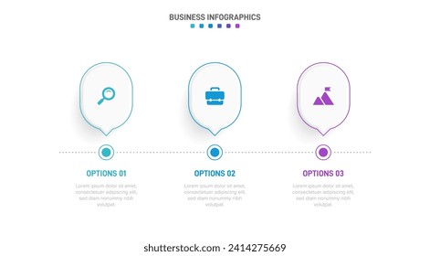 Timeline infographic with infochart. Modern presentation template with 3 spets for business process. Website template on white background for concept modern design. Horizontal layout.