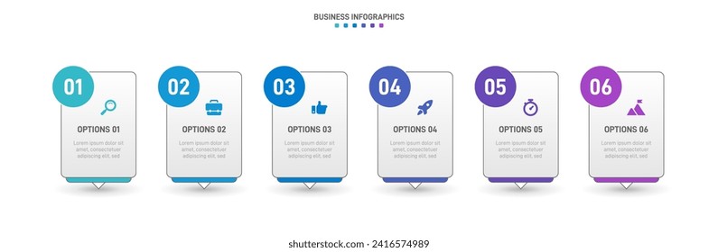 Timeline infographic with infochart. Modern presentation template with 6 spets for business process. Website template on white background for concept modern design. Horizontal layout.