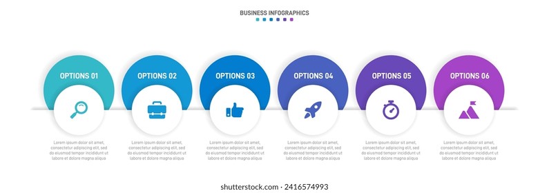 Timeline infographic with infochart. Modern presentation template with 6 spets for business process. Website template on white background for concept modern design. Horizontal layout.