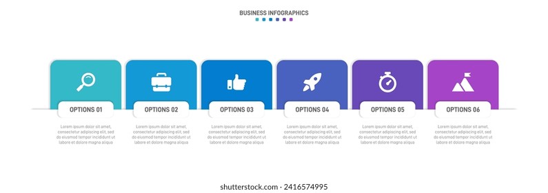 Timeline infographic with infochart. Modern presentation template with 6 spets for business process. Website template on white background for concept modern design. Horizontal layout.