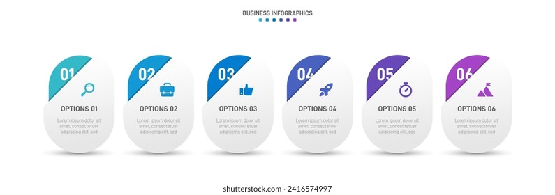 Infografía de la línea de tiempo con infografía. Moderna plantilla de presentación con 6 velocidades para procesos de negocios. Plantilla de sitio web sobre fondo blanco para el concepto de diseño moderno. Diseño horizontal.