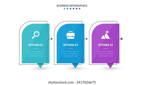 Timeline infographic with infochart. Modern presentation template with 3 spets for business process. Website template on white background for concept modern design. Horizontal layout.