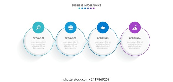 Timeline infographic with infochart. Modern presentation template with 4 spets for business process. Website template on white background for concept modern design. Horizontal layout.