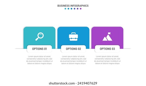 Timeline infographic with infochart. Modern presentation template with 3 spets for business process. Website template on white background for concept modern design. Horizontal layout.