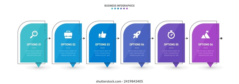 Infografía de la línea de tiempo con infografía. Moderna plantilla de presentación con 6 velocidades para procesos de negocios. Plantilla de sitio web sobre fondo blanco para el concepto de diseño moderno. Diseño horizontal.