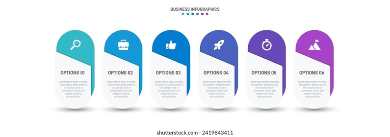 Timeline infographic with infochart. Modern presentation template with 6 spets for business process. Website template on white background for concept modern design. Horizontal layout.