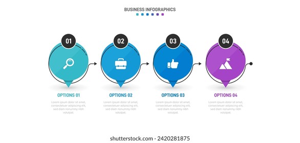 Timeline infographic with infochart. Modern presentation template with 4 spets for business process. Website template on white background for concept modern design. Horizontal layout.