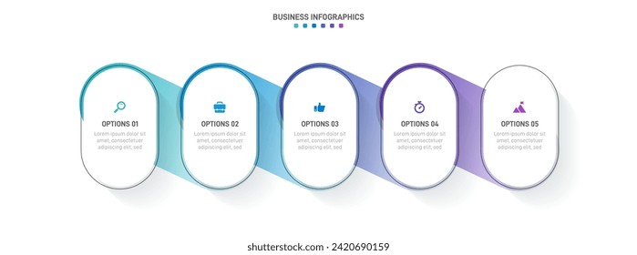 Infografía de la línea de tiempo con infografía. Moderna plantilla de presentación con 5 velocidades para procesos de negocios. Plantilla de sitio web sobre fondo blanco para el concepto de diseño moderno. Diseño horizontal.