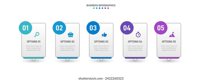Timeline infographic with infochart. Modern presentation template with 5 spets for business process. Website template on white background for concept modern design. Horizontal layout.