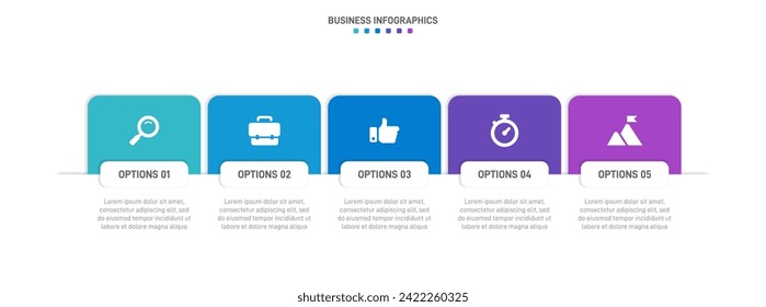 Timeline infographic with infochart. Modern presentation template with 5 spets for business process. Website template on white background for concept modern design. Horizontal layout.