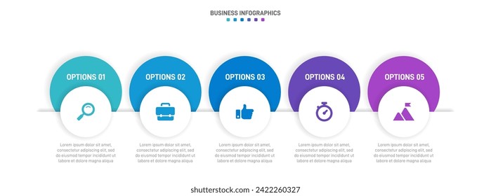 Infografik der Zeitachse mit Infochart. Moderne Präsentationsvorlage mit 5 Beispielen für Geschäftsprozesse. Website-Vorlage auf weißem Hintergrund für konzeptionelles modernes Design. Horizontales Layout.