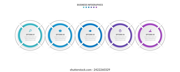 Timeline infographic with infochart. Modern presentation template with 5 spets for business process. Website template on white background for concept modern design. Horizontal layout.