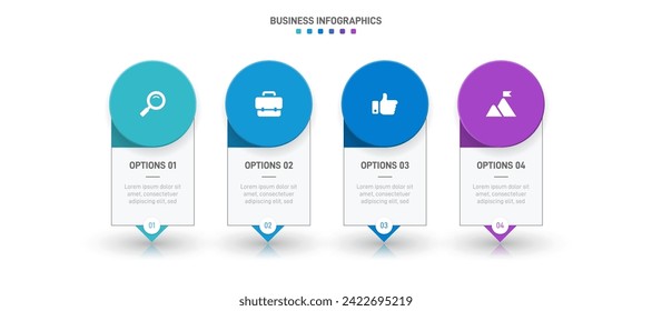 Timeline infographic with infochart. Modern presentation template with 4 spets for business process. Website template on white background for concept modern design. Horizontal layout.