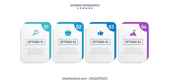 Timeline infographic with infochart. Modern presentation template with 4 spets for business process. Website template on white background for concept modern design. Horizontal layout.