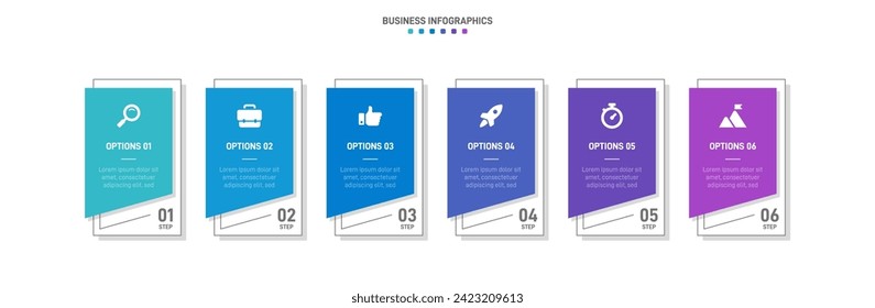 Timeline infographic with infochart. Modern presentation template with 6 spets for business process. Website template on white background for concept modern design. Horizontal layout.