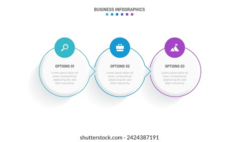 Timeline infographic with infochart. Modern presentation template with 3 spets for business process. Website template on white background for concept modern design. Horizontal layout.