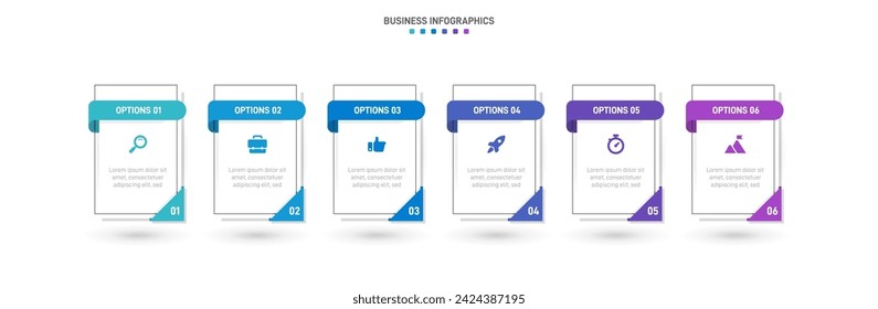 Timeline infographic with infochart. Modern presentation template with 6 spets for business process. Website template on white background for concept modern design. Horizontal layout.