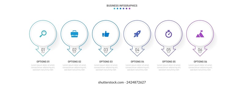 Timeline infographic with infochart. Modern presentation template with 6 spets for business process. Website template on white background for concept modern design. Horizontal layout.