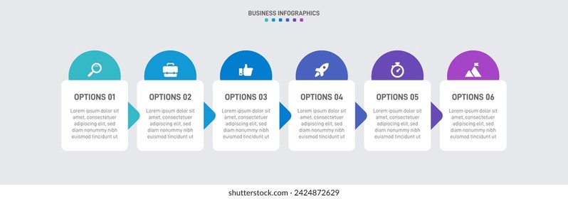 Timeline infographic with infochart. Modern presentation template with 6 spets for business process. Website template on white background for concept modern design. Horizontal layout.